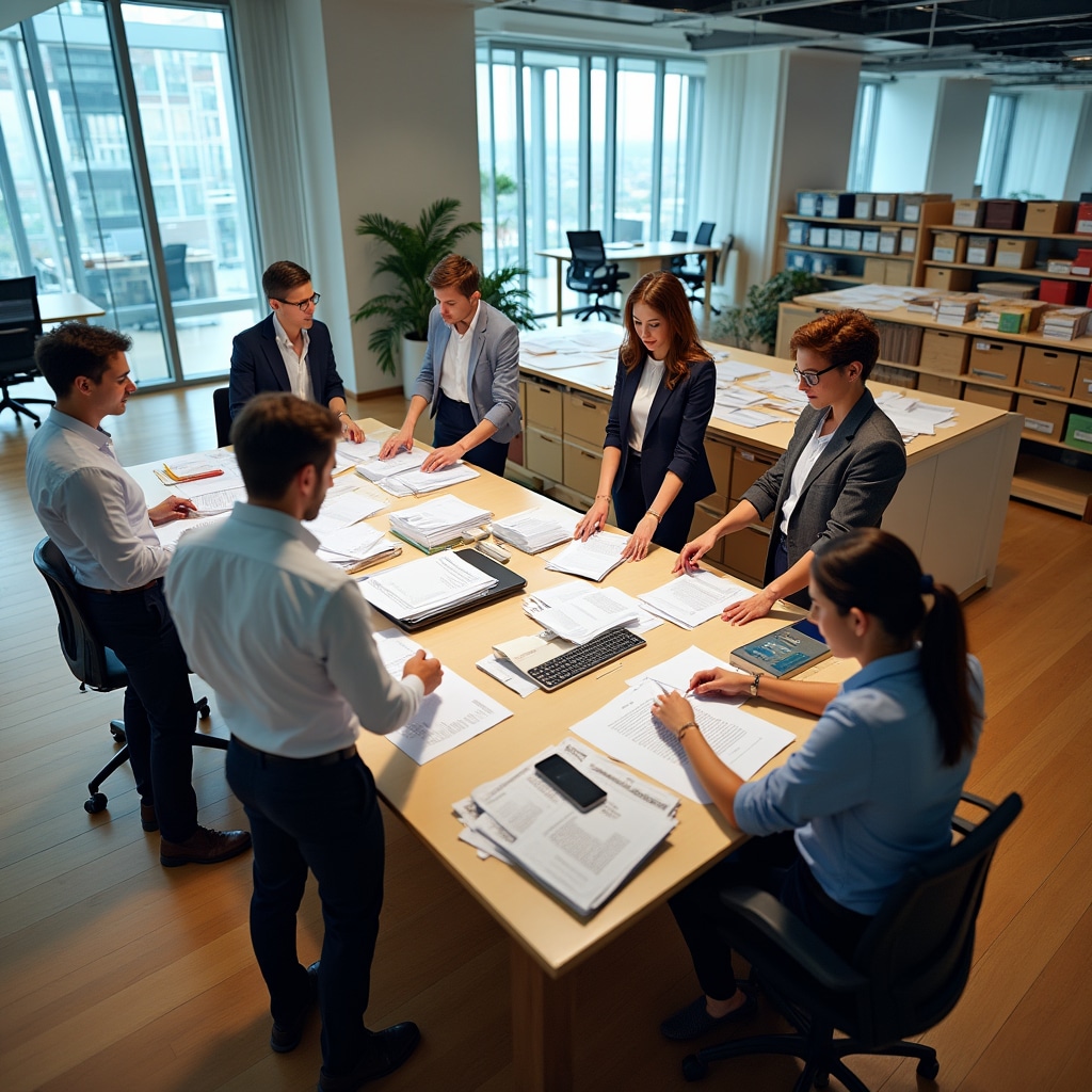 Equipo profesional organizando documentación